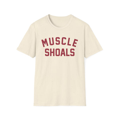 Cream t-shirt with "Muscle Shoals" text in maroon collegiate lettering.
