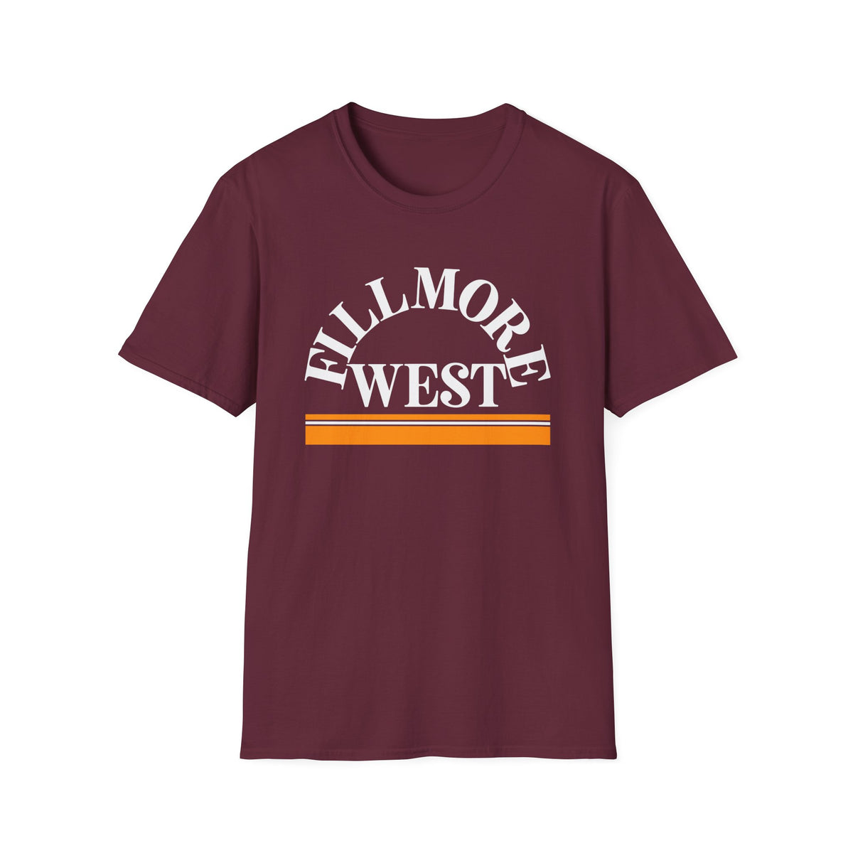 Maroon t-shirt with white "FILLMORE WEST" text and orange stripes.