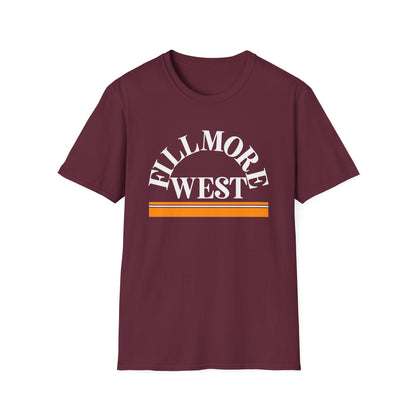 Maroon t-shirt with white "FILLMORE WEST" text and orange stripes.
