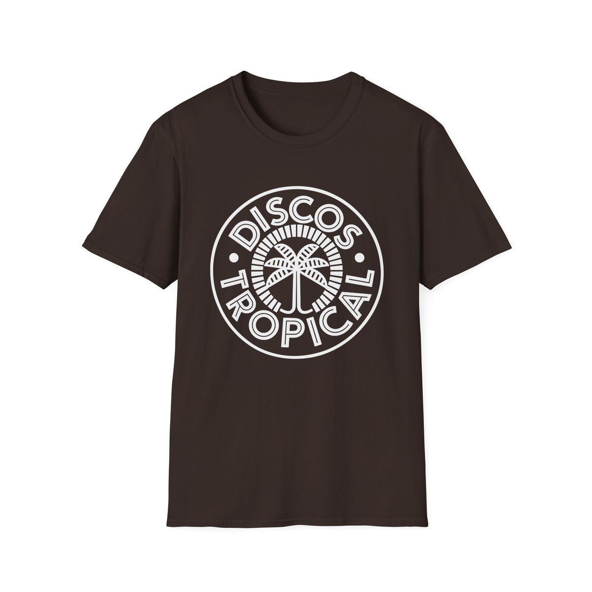 Brown t-shirt with white "DISCO TROPICAL" text and palm tree graphic.
