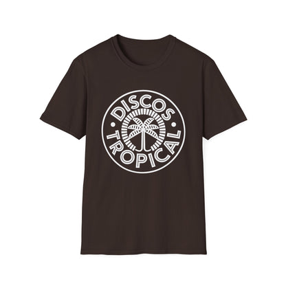Brown t-shirt with white "DISCO TROPICAL" text and palm tree graphic.