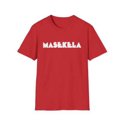 Red t-shirt with white "MASEKELA" text on the front.