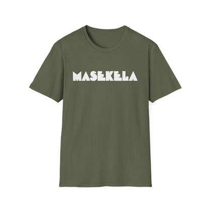 Olive green t-shirt with white "MASEKELA" text.