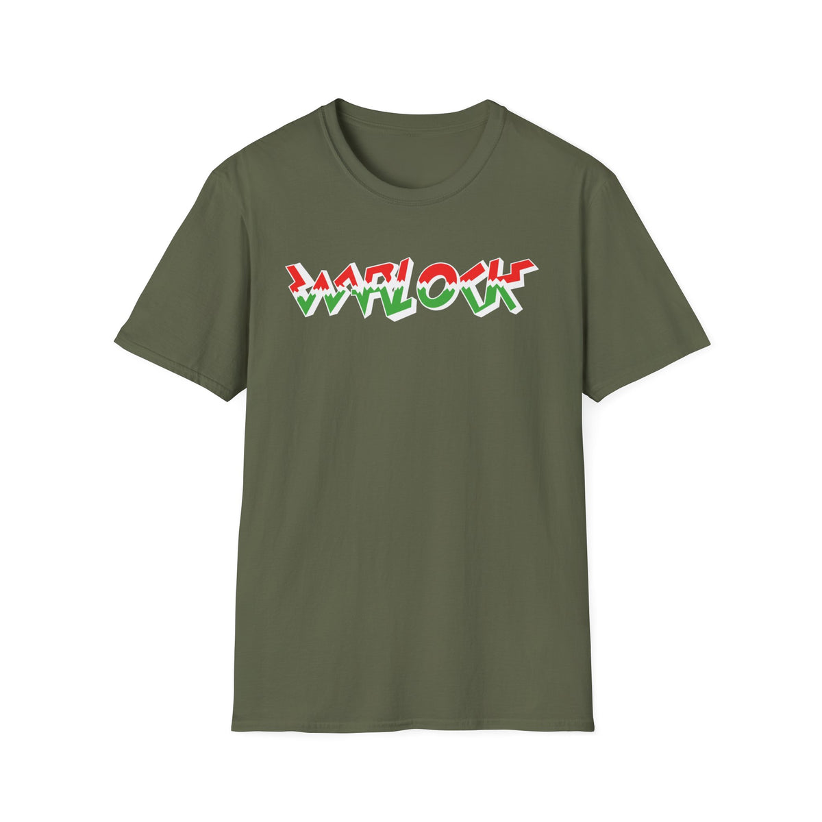 Olive green t-shirt with red, white, and green "WARLOCK" text graphic.
