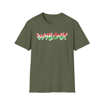 Olive green t-shirt with red, white, and green "WARLOCK" text graphic.
