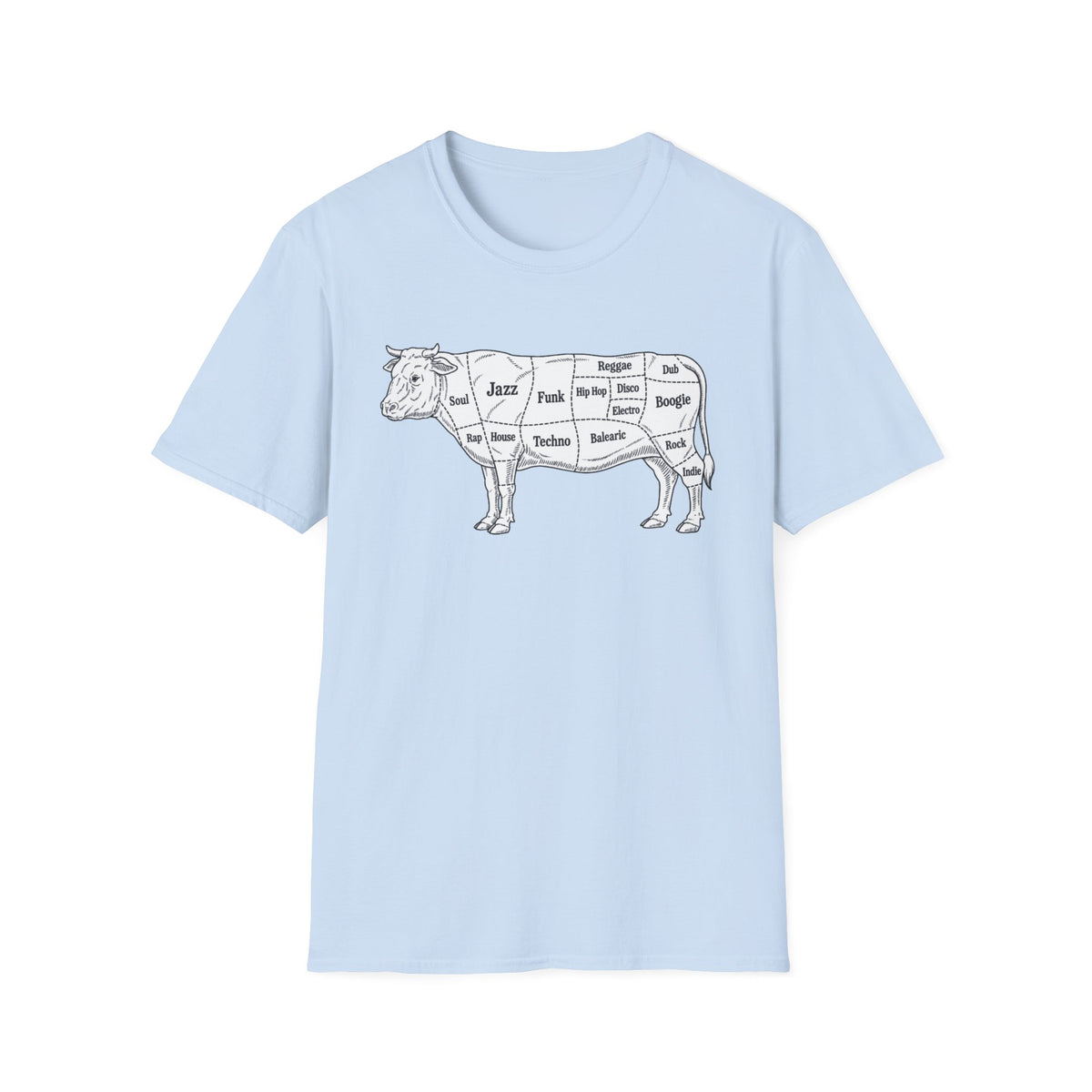Line art cow with music genres labeled on cuts.