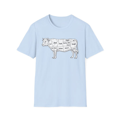 Line art cow with music genres labeled on cuts.