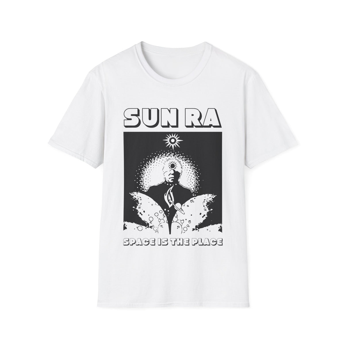 White t-shirt with "Sun Ra" text and graphic of a figure with radiating light.