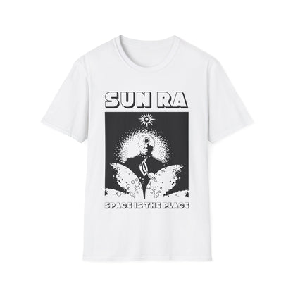 White t-shirt with "Sun Ra" text and graphic of a figure with radiating light.
