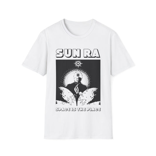 White t-shirt with "Sun Ra" text and graphic of a figure with radiating light.