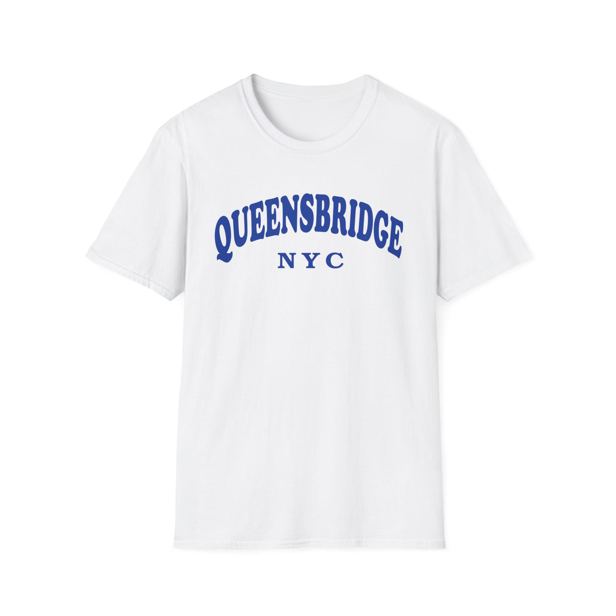 White t-shirt with blue "QUEENSBRIDGE NYC" text printed across the chest.