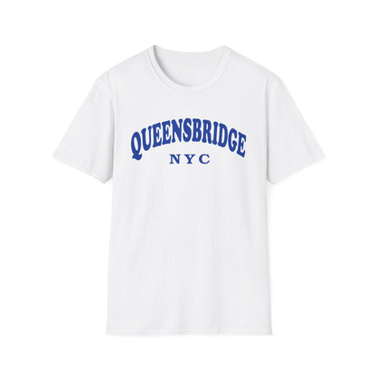 White t-shirt with blue "QUEENSBRIDGE NYC" text printed across the chest.