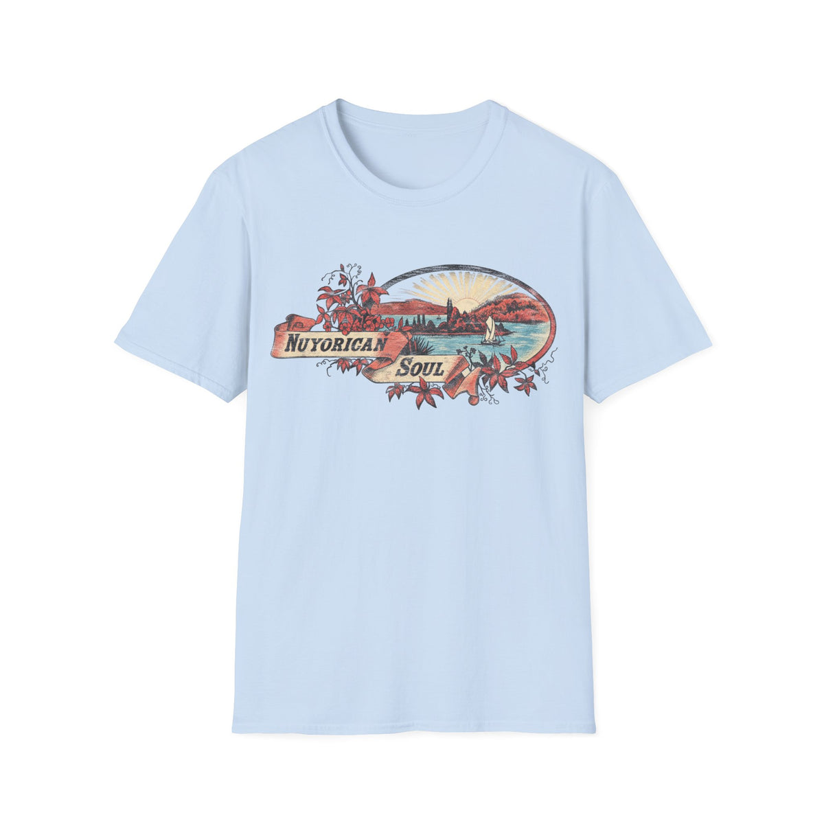 Light blue t-shirt with Nuyorican Soul oval graphic of a seaside landscape.