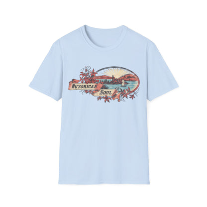 Light blue t-shirt with Nuyorican Soul oval graphic of a seaside landscape.