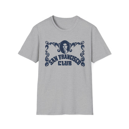 Grey t-shirt with distressed blue "San Francisco Club" graphic and portrait.