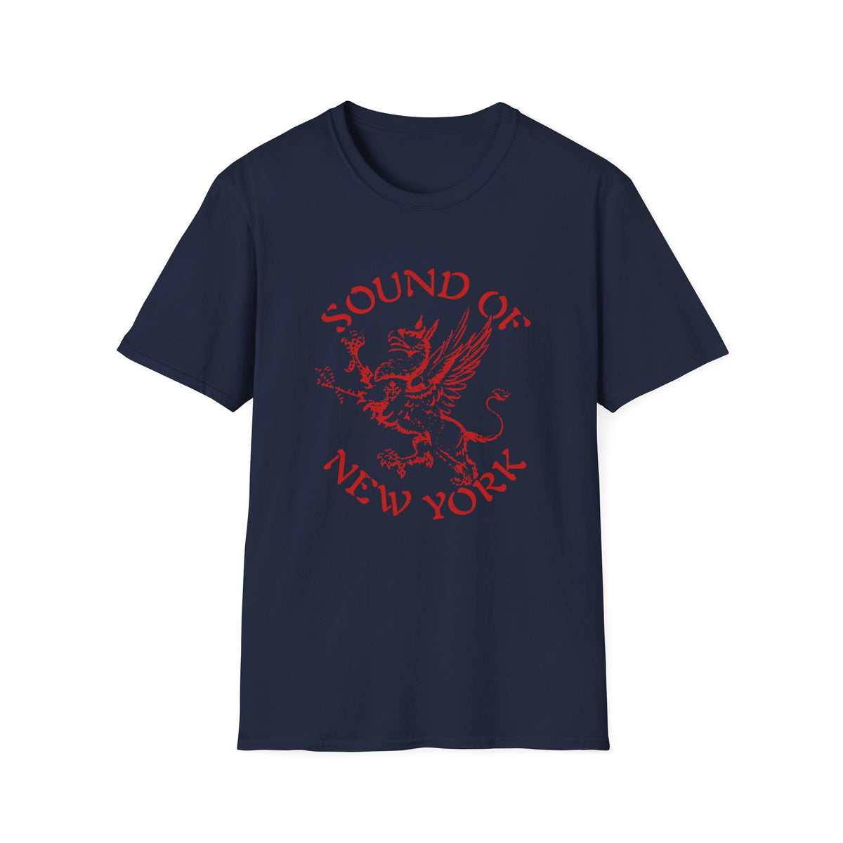 Navy t-shirt with red text "SOUND OF NEW YORK" and a mythical creature.