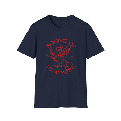 Navy t-shirt with red text "SOUND OF NEW YORK" and a mythical creature.