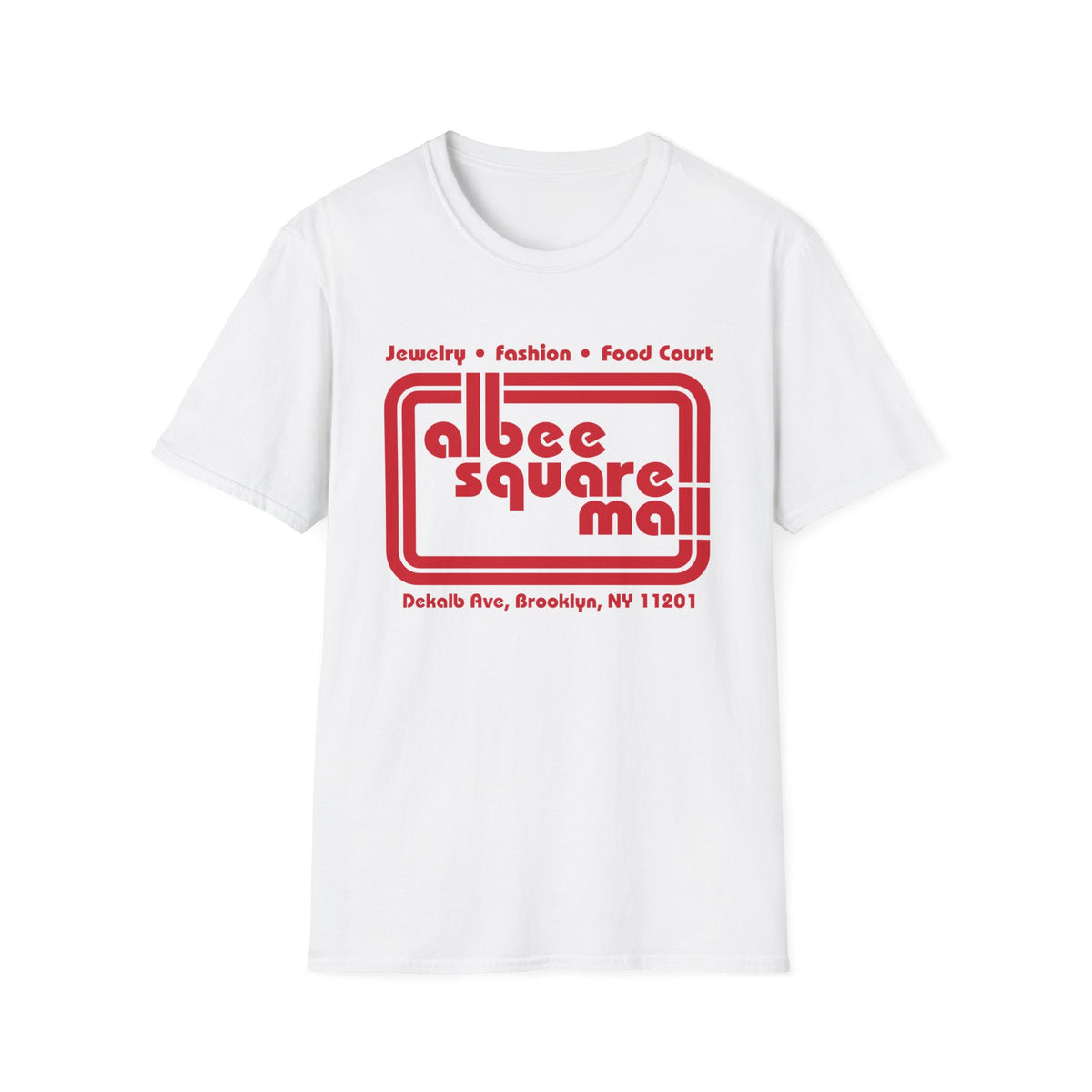 White t-shirt with red Albee Square Mall logo and address.