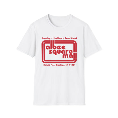 White t-shirt with red Albee Square Mall logo and address.