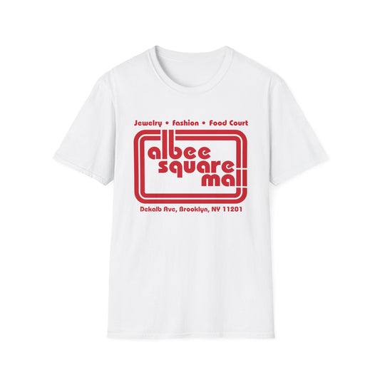 White t-shirt with red Albee Square Mall logo and address.