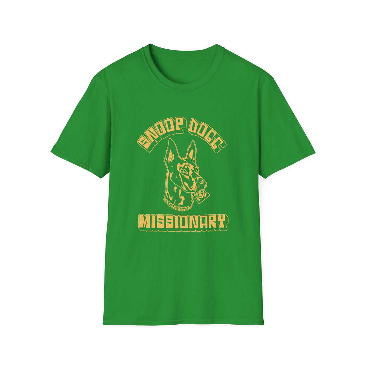 Green t-shirt with Snoop Dogg Missionary graphic featuring a dog holding a dollar bill.