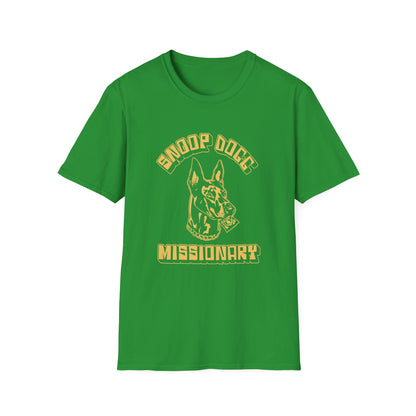 Green t-shirt with Snoop Dogg Missionary graphic featuring a dog holding a dollar bill.