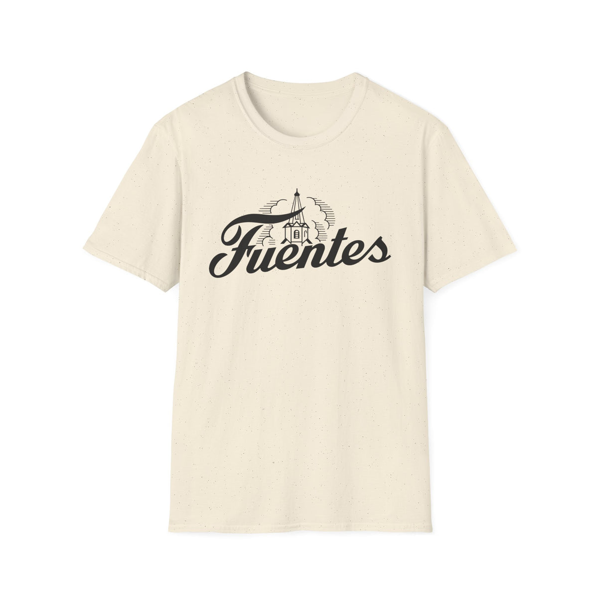 Cream t-shirt with black "Fuentes" text and a building graphic.