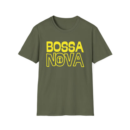 Olive green t-shirt with yellow "BOSSA NOVA" text and Christ the Redeemer icon.