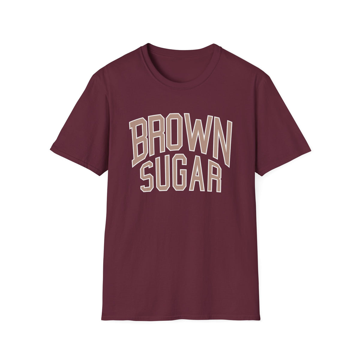 Maroon t-shirt with "BROWN SUGAR" text in beige and white.