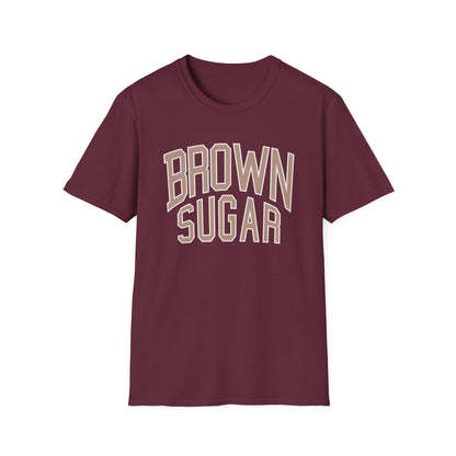Maroon t-shirt with "BROWN SUGAR" text in beige and white.