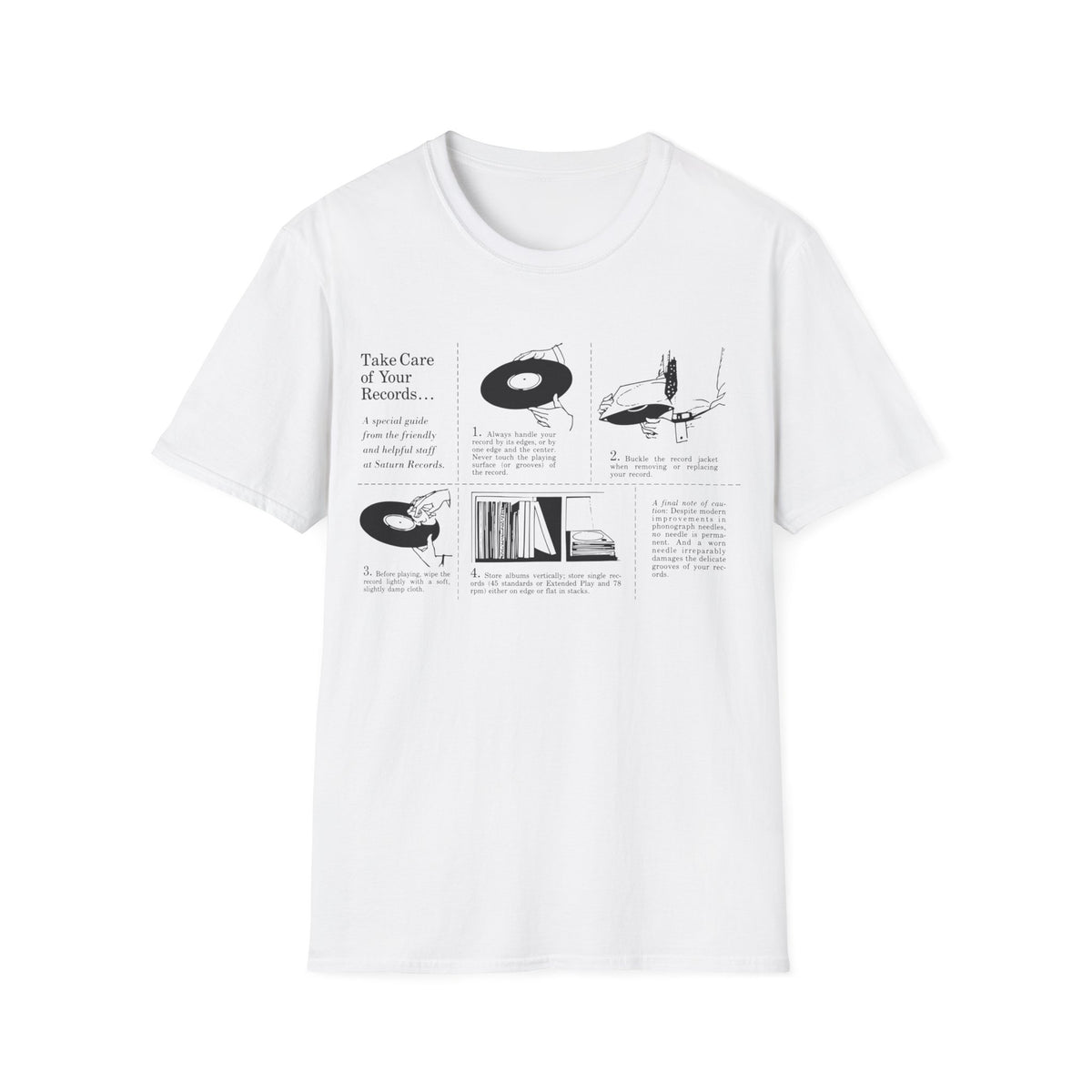 White t-shirt with black graphic illustrating how to take care of vinyl records.