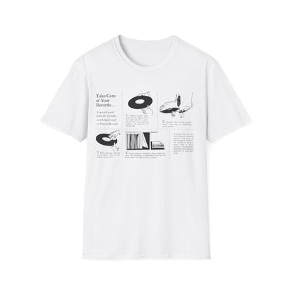 White t-shirt with black graphic illustrating how to take care of vinyl records.