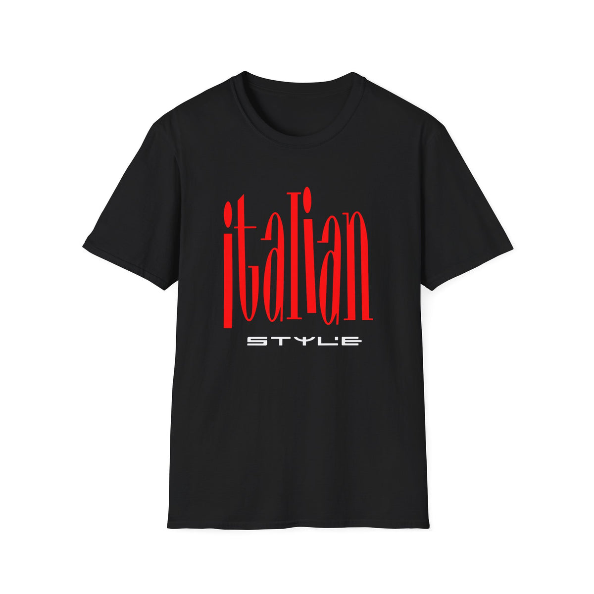 Black t-shirt with red "italian STYLE" text graphic.