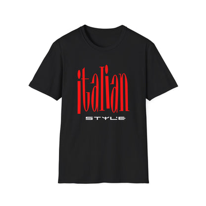 Black t-shirt with red "italian STYLE" text graphic.