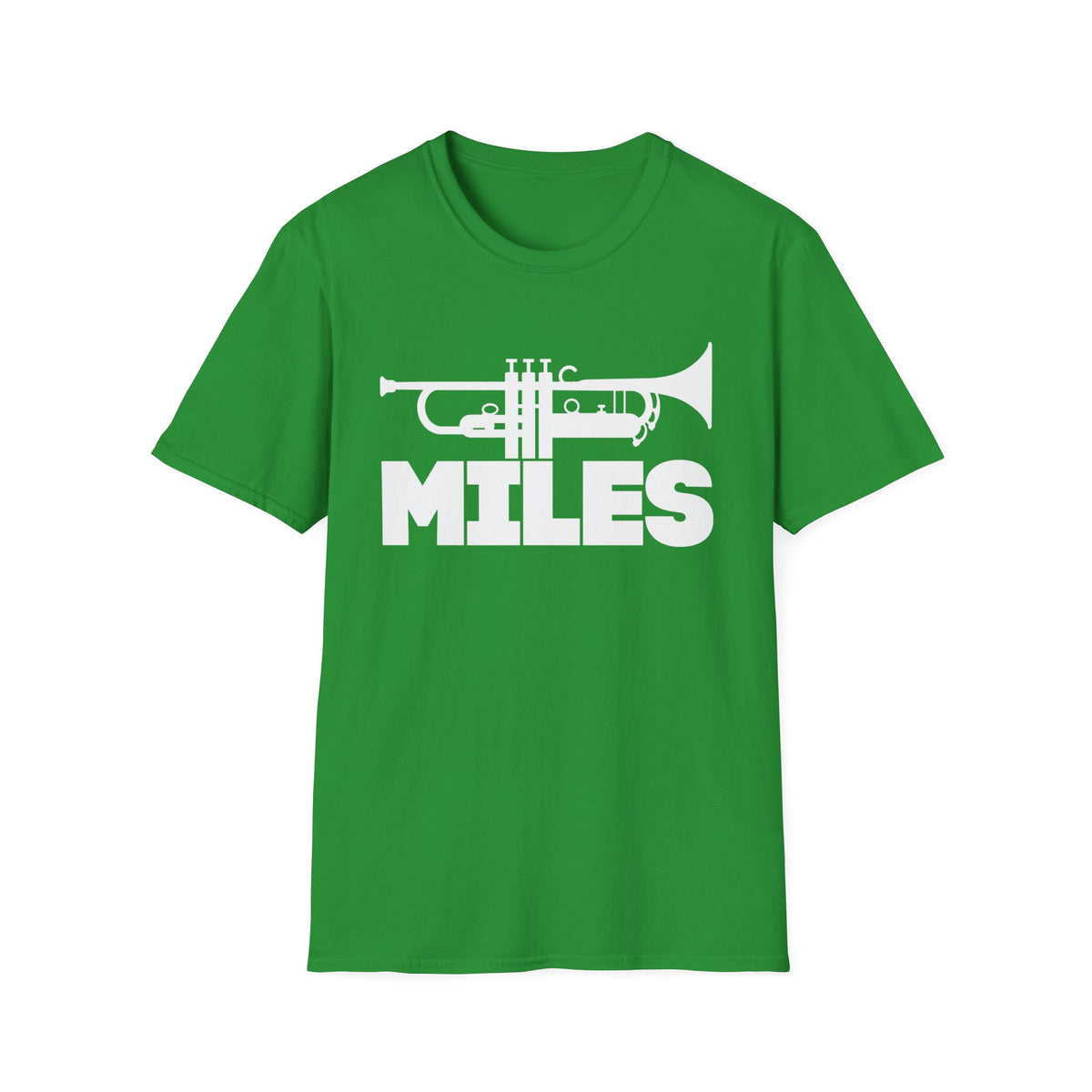 Green t-shirt with white graphic of a trumpet and the word MILES