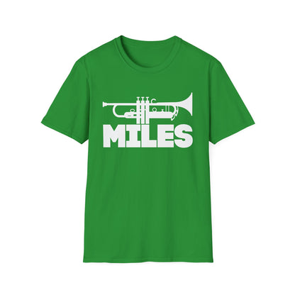Green t-shirt with white graphic of a trumpet and the word MILES