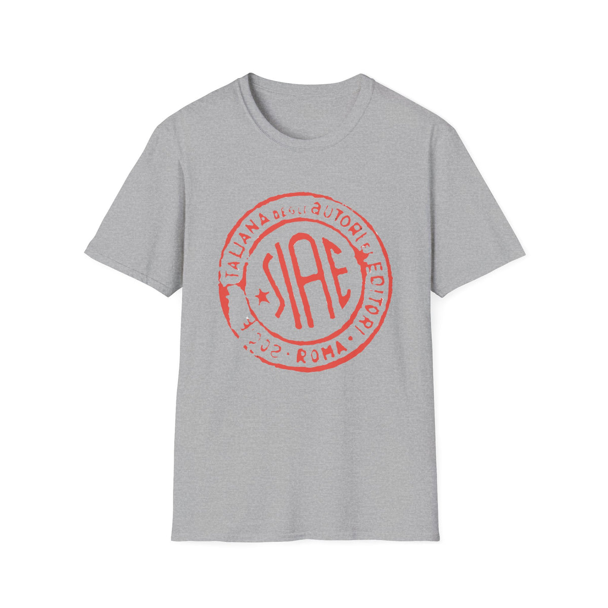Grey t-shirt with red circular SIAE ITALIANA DEGLI EDITORI ROMA 2002 logo.