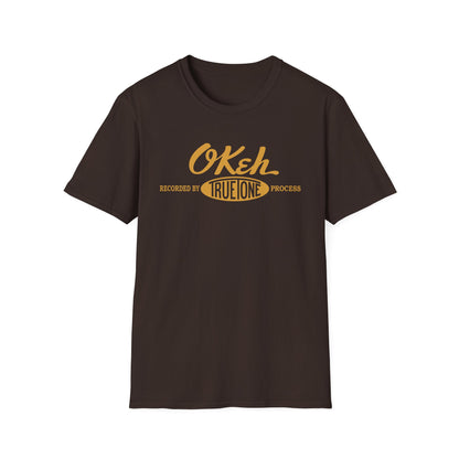 Brown t-shirt with yellow "OKeh Recorded by True One Process" text.