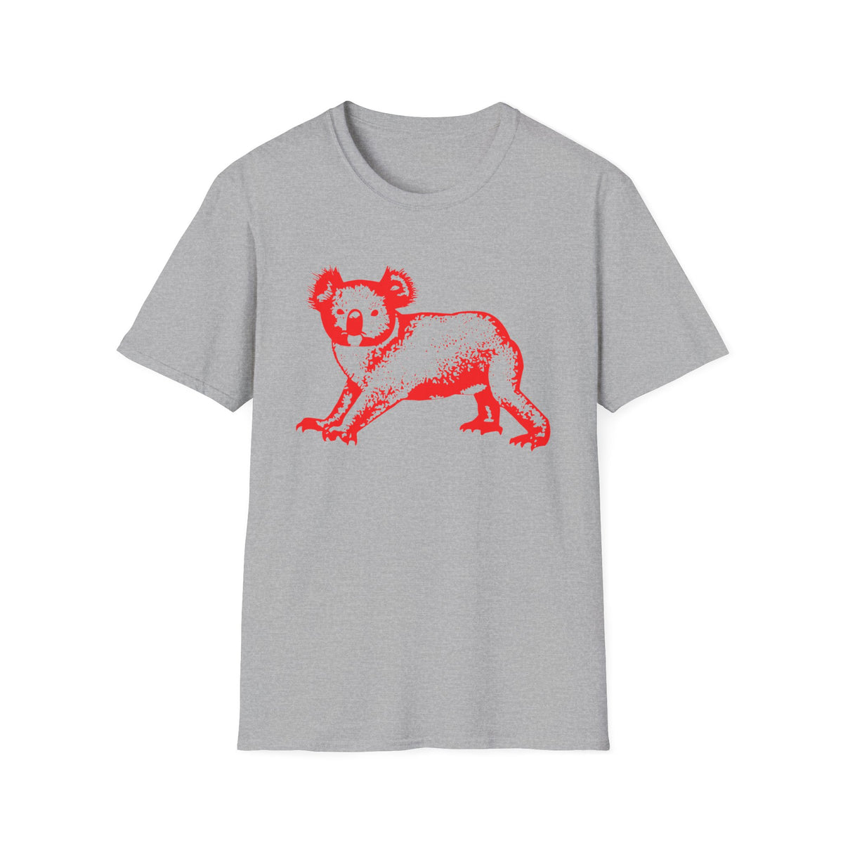 Grey t-shirt with red koala graphic.