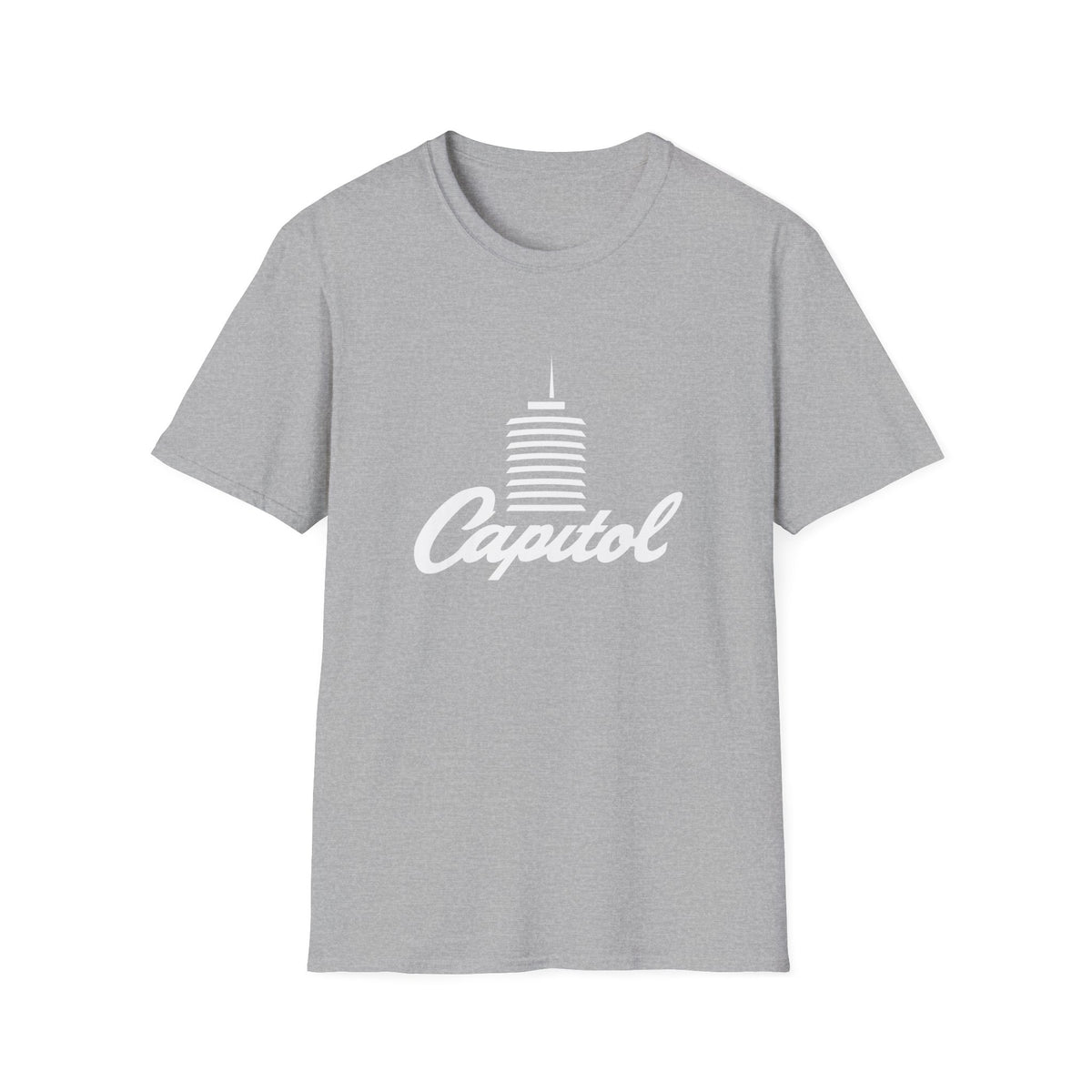 Grey t-shirt with white Capitol building graphic and text logo.