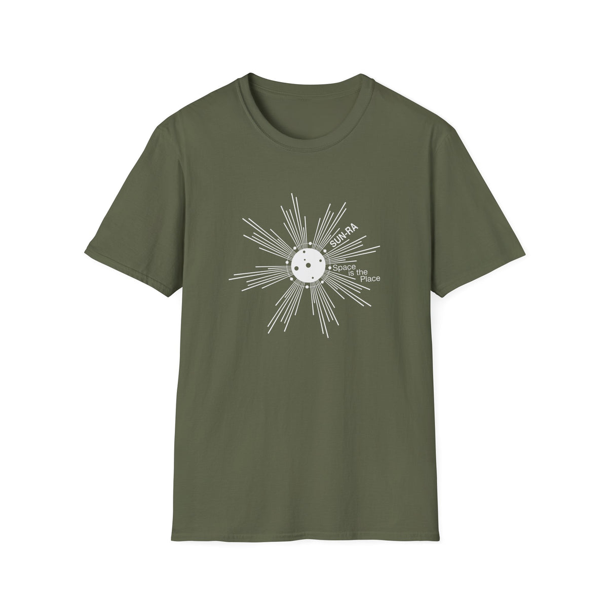 Olive green t-shirt with white SUN-RA Space is the Place graphic design.