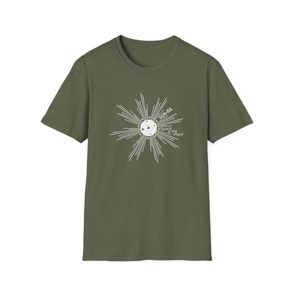 Olive green t-shirt with white SUN-RA Space is the Place graphic design.