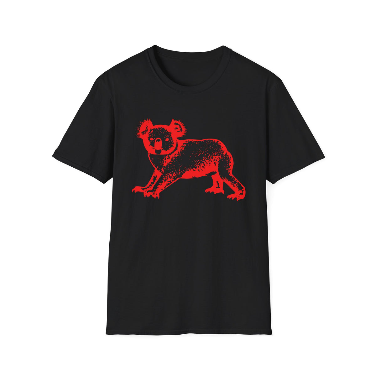 Black t-shirt with a distressed red koala graphic.