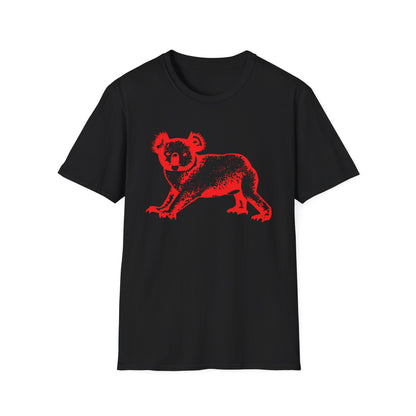 Black t-shirt with a distressed red koala graphic.