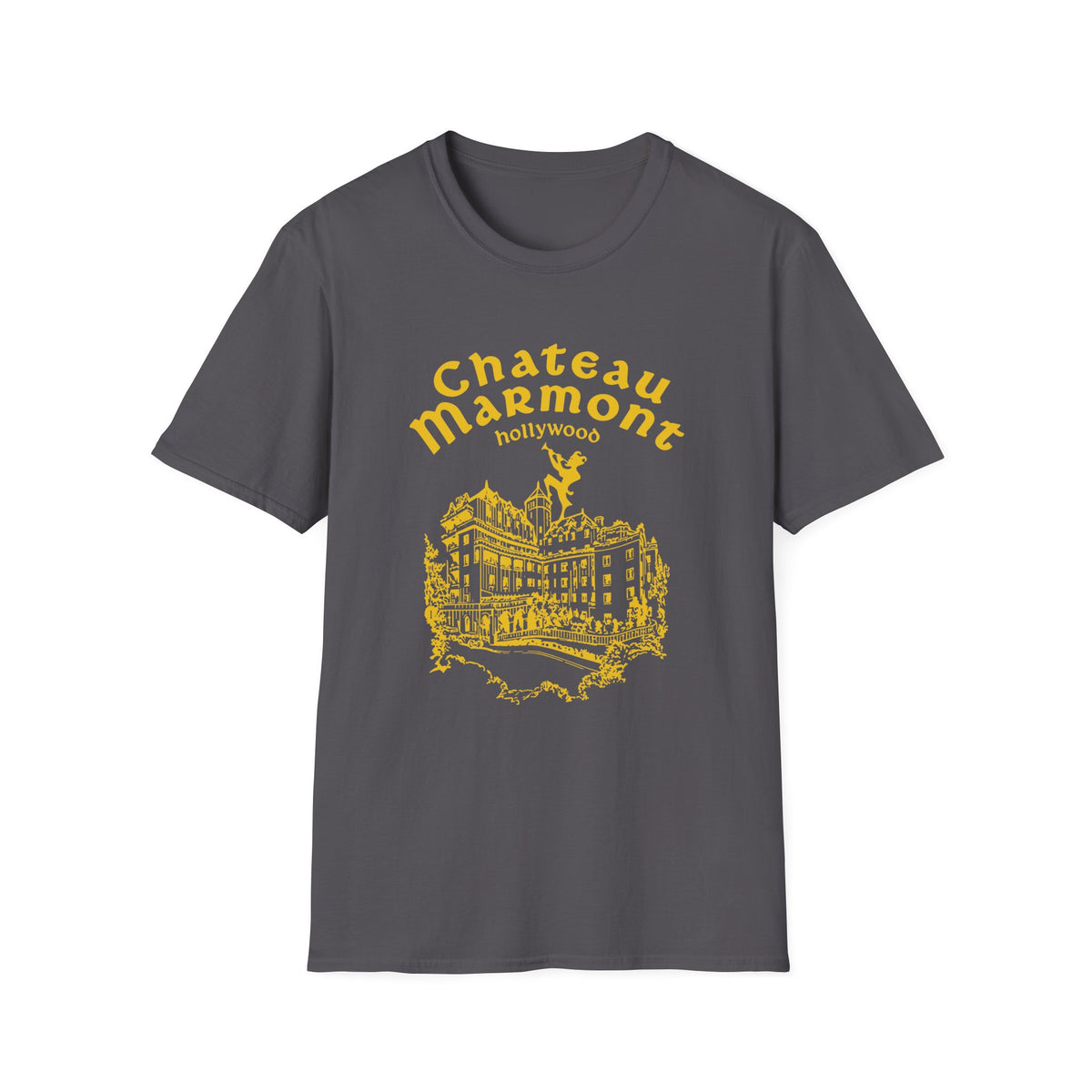 Dark grey t-shirt with yellow Chateau Marmont Hollywood graphic.
