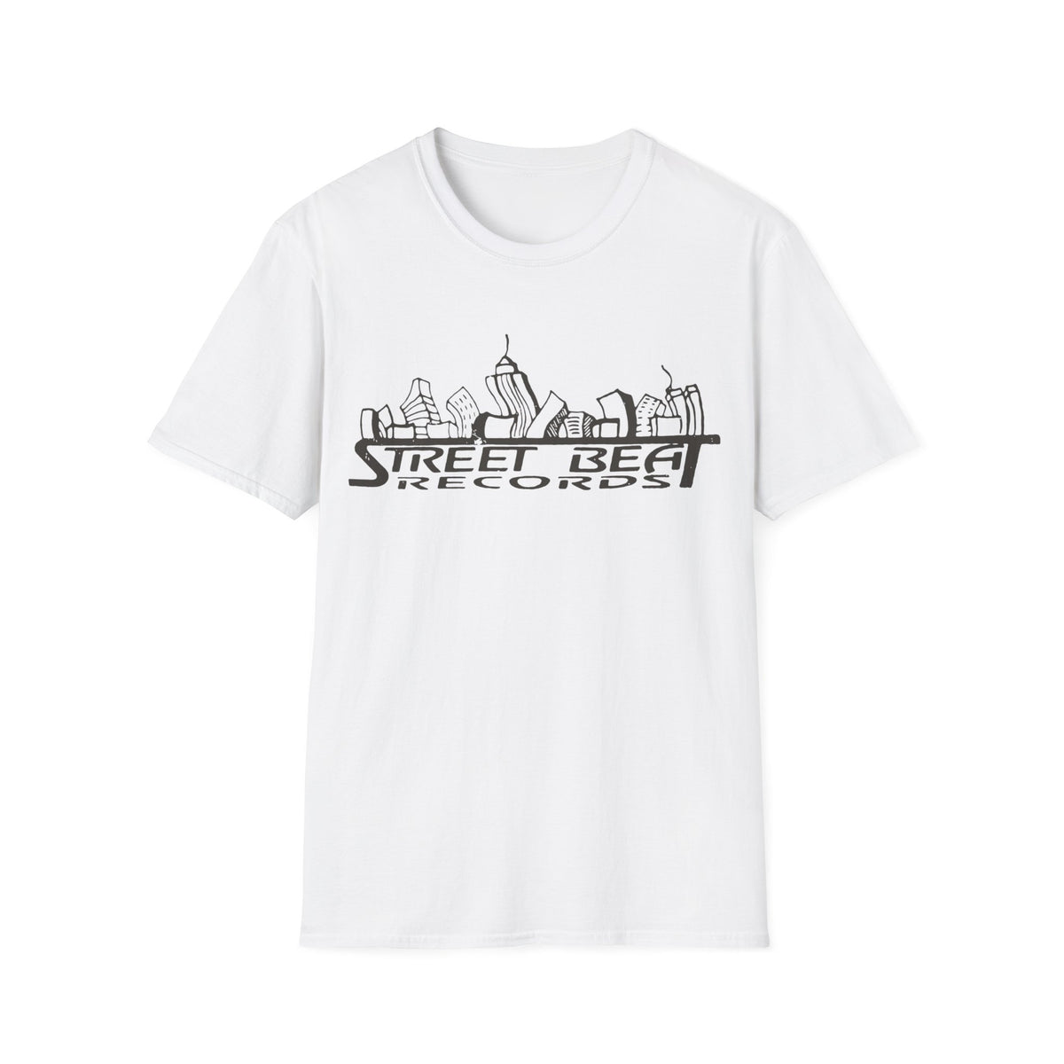 White t-shirt with "Street Beat Records" logo featuring a cityscape.