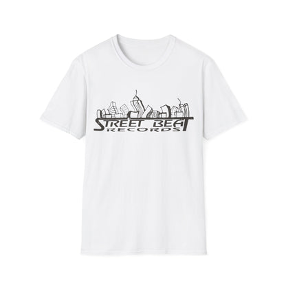 White t-shirt with "Street Beat Records" logo featuring a cityscape.