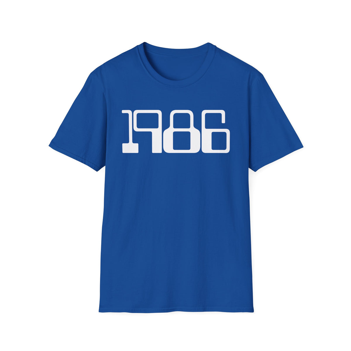 Royal blue t-shirt with white "1986" graphic.
