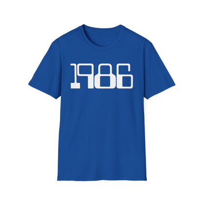 Royal blue t-shirt with white "1986" graphic.