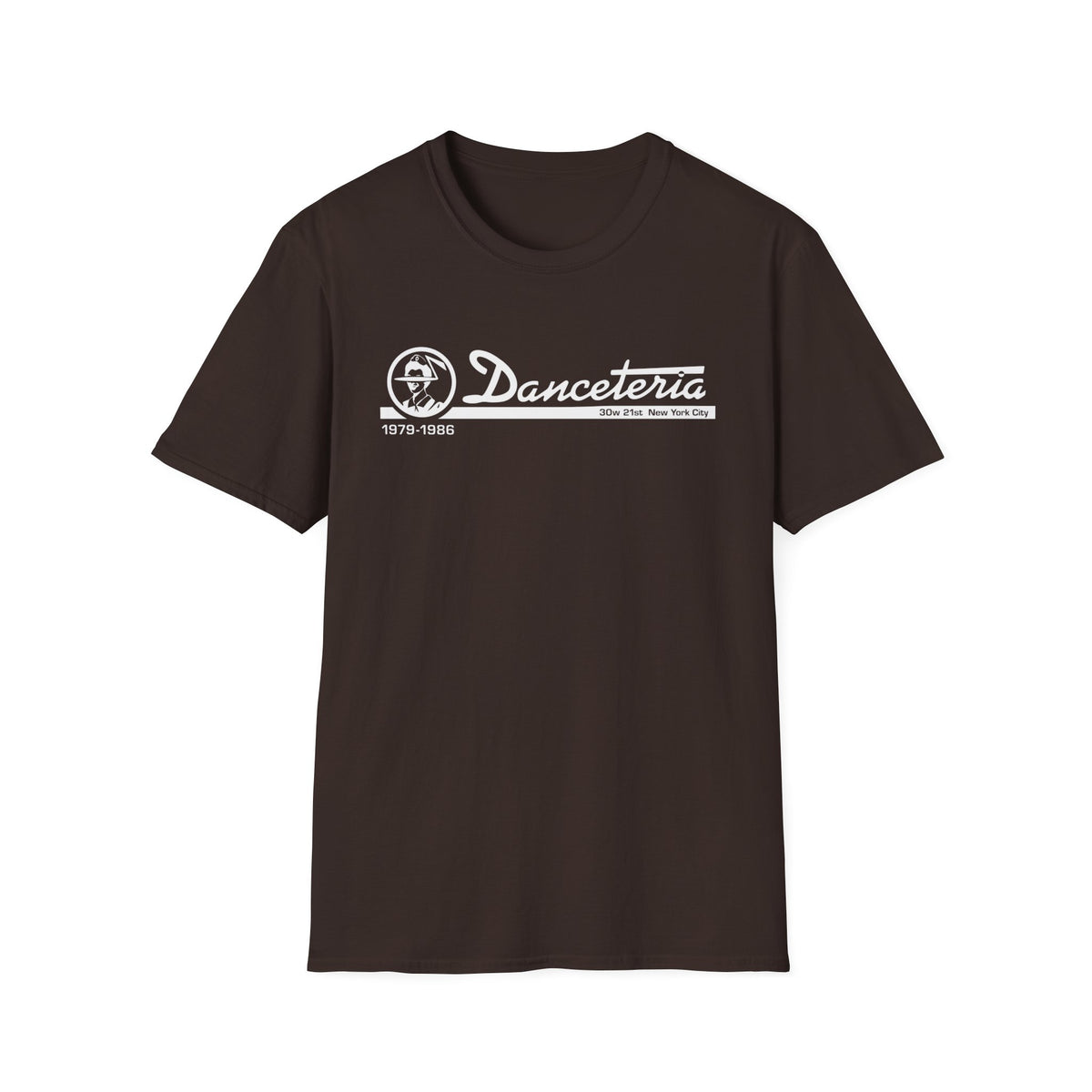 Brown t-shirt with white "Danceteria 1979-1986 30w 21st New York City" graphic.